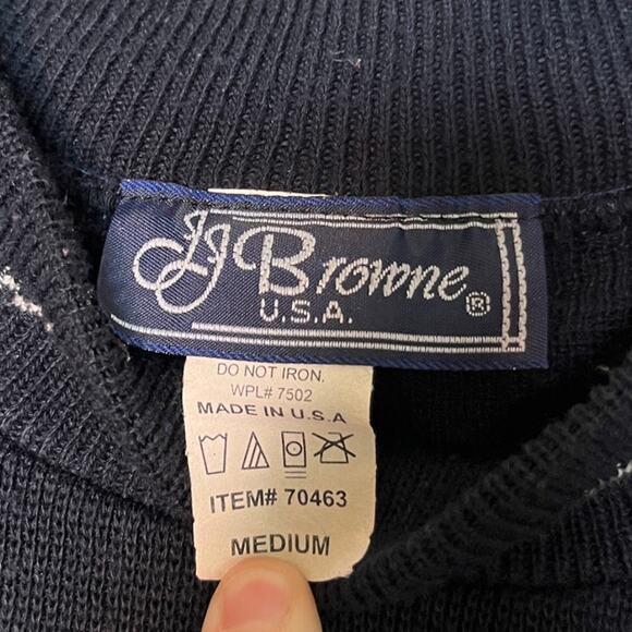 1980s JJ Browne Dusty Blue Navy Checker Striped Boxy Acrylic Mock Neck Sweater M - Picture 2 of 6